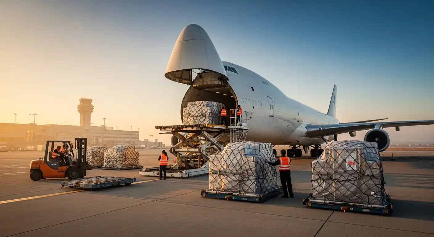 Essor logistique : Opérations de chargement sur un avion cargo dans un hub africain majeur, illustrant l'accélération spectaculaire du fret aérien sur le continent portée par le commerce électronique et la dynamique de la ZLECAf